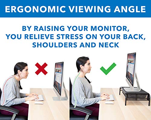 Mount-It! Metal Mesh Monitor Stand with Drawer, Ergonomic Desk Organizer and Riser for Monitors and Laptops, Desktop Stand with Extra Storage and Side Pocket, Black