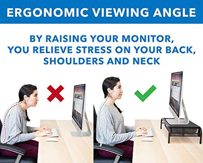 Mount-It! Metal Mesh Monitor Stand with Drawer, Ergonomic Desk Organizer and Riser for Monitors and Laptops, Desktop Stand with Extra Storage and Side Pocket, Black