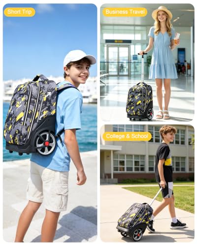 NEW TILAMI 19 Inch Rolling Backpack with Lunch Bag School Stair-Climbing | Stair-Climbing Teen Boys Girls Carry-on Suitcase Large Compartment 15.6 Laptop Sleeve Adjustable Handle Roller Travel Bag - color: Yellow Doodle