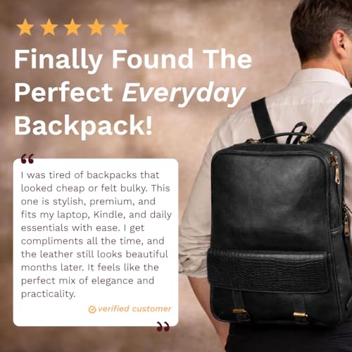 15.6" Luxury Black Leather Laptop Backpack for Men & Women. Leather Bag for Professional Use in Office & Business - color: Black