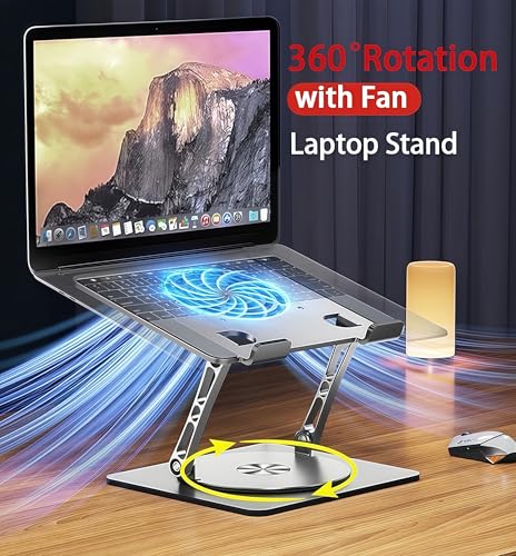 Adjustable Laptop Stand with Cooling Fan & 360 Rotating Base | Ergonomic Laptop Riser for Desk ,Foldable for 10-17'' Computer Gaming/DJ/Office Use - Silver - size: Extra Large