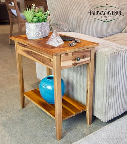 2-Tier Solid Acacia Recliner Table w/Drawer (Natural) - color: Natural