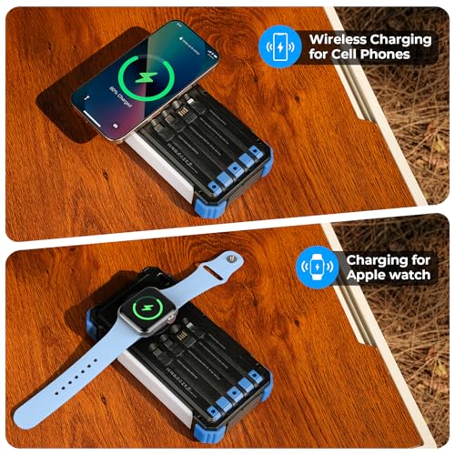 BLAVOR Solar Power Bank 20000mAh Built-in Cables, Wireless Charger for Phones & Apple Watch, 20W Fast Charging Battery Pack with USB C, Flashlight, Solar Charger for iPhone, iPad, iWatch, Samsung - color: Blue