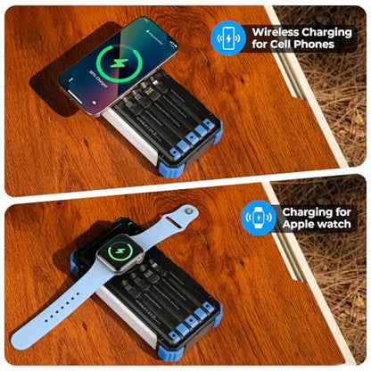 BLAVOR Solar Power Bank 20000mAh Built-in Cables, Wireless Charger for Phones & Apple Watch, 20W Fast Charging Battery Pack with USB C, Flashlight, Solar Charger for iPhone, iPad, iWatch, Samsung - color: Blue