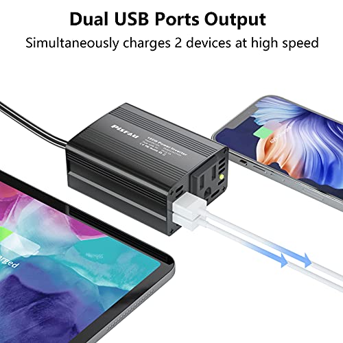 150W Power Inverters for Vehicles 12V DC to 110V AC Car Plug Adapter Outlet | Cigarette Lighter Adapter, Dual DC AC Converter, 3.1A Dual USB, Portable Car Charger for Laptop/Camping/Road Trip Essentials - color: Black