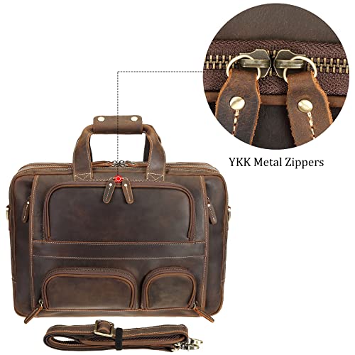 Polare Full Grain Cowhide Leather 17'' Laptop Large Briefcase for Men Business Messenger Bag Work Bag - color: Dark Brown