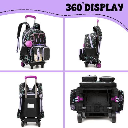 HTgroce Cute Rolling Backpack with Wheel,School Backpack for Kids Girl Roller Schoolbag Wheeled Backpacks Set Carry-on Luggage,Black M - color: Black, style: M