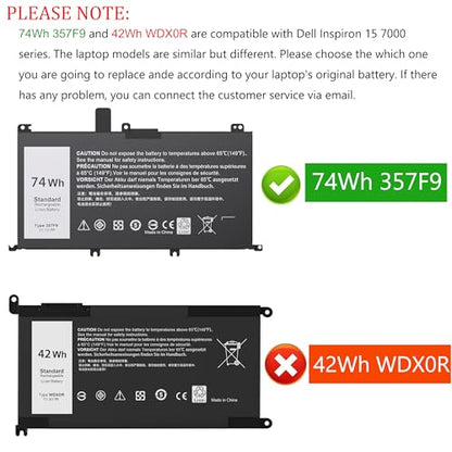 74WH 357F9 Laptop Battery Replacement for Dell Inspiron 15 7000 Gaming 15 7559 i7559 7557 i7557 5577 7567 5576 7566 INS15PD Series P65F P65F001 P57F P57F003 71JF4 071JF4 0GFJ6 0357F9 - size: 6.92*3.75*0.55inch 357F9