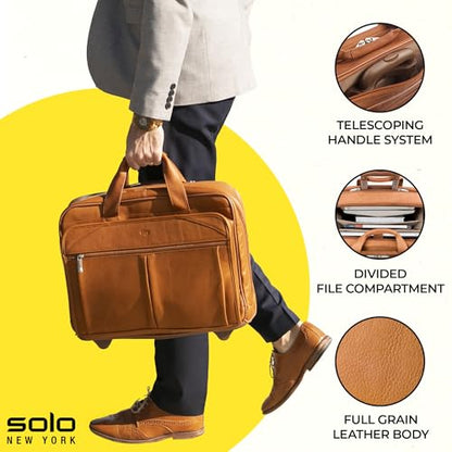 Solo New York Leather Rolling Case with Wheels - Roller Laptop Bag, Wheeled Briefcase for Women & Men, Carry On Size for Travel, Fits 15.6" Computer - Walker, Tan