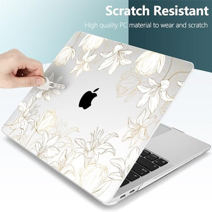 DONGKE Compatible with MacBook Air 13 inch Case 2021 2020 2019 2018 Release A2337 M1 A2179 A1932 with Retina Display Touch ID, Plastic Hard Shell & Keyboard Cover - Golden Florals - color: Golder Florals X482