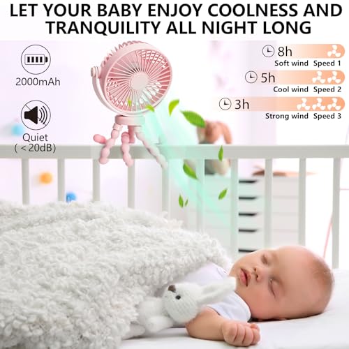 snawowo Mini Portable Stroller Fan, 3000mAh Battery Operated Personal Small | Handheld Fan with Flexible Tripod, 360° Rotate 3 Speed Rechargeable Clip On for Car Seat Crib Treadmill Travel Camping - color: C-Pink