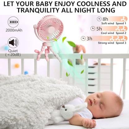 snawowo Mini Portable Stroller Fan, 3000mAh Battery Operated Personal Small | Handheld Fan with Flexible Tripod, 360° Rotate 3 Speed Rechargeable Clip On for Car Seat Crib Treadmill Travel Camping - color: C-Pink