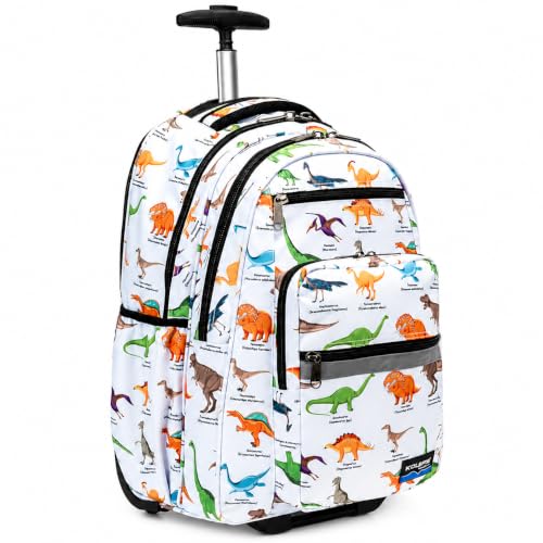 Heavy Duty Rolling Backpack School Bookbag with Wheels Deluxe Wheeled Daypack - color: Dino