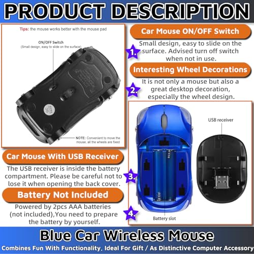 Blue Mouse，Cute Wireless Mouse 1600DPI 2.4G with USB Reciver Car Mouse for Computer Laptop Tablet for Mac OS for Windows（Blue） - color: BLUE