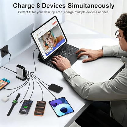 520W GaN III USB C Charging Station, 8-Port Charger Hub 4x100W+4x30W, PPS PD3.0 Fast Charging for MacBook iPhone Samsung Dell Steam Deck - 5ft Cord + 100W Cable