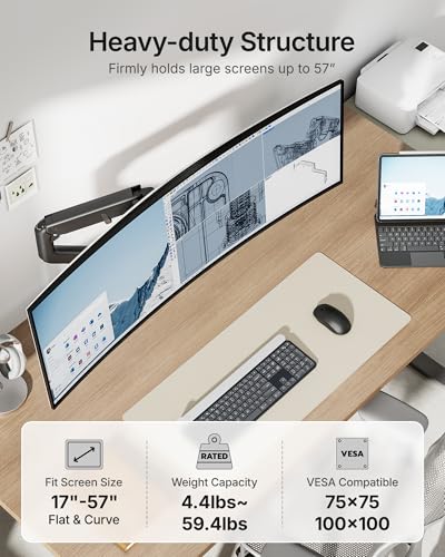 monTEK Heavy Duty Monitor Arm, 17-57" Ultrawide, Gas Spring, 59.4 lbs，Black | Desk Monitor Mount Holds 49" 57" Ultrawide Curved Screen Up to 59.4 lbs with No Sag,Clamp & Grommet Arm,75/100 VESA - color: Black, size: without USB