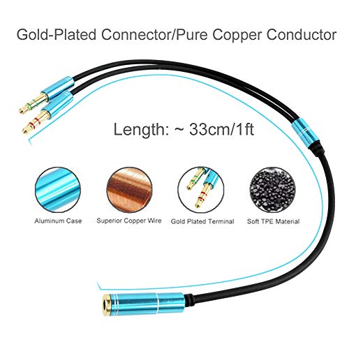 3.5mm Headphone Splitter Adapter Female to 2X 3.5 mm Male Converter Cable Headphone Mic Audio Y Splitter Cable Smartphone Headset to PC Adapter –for Microphone with 4 Pin (Blue) - color: Blue