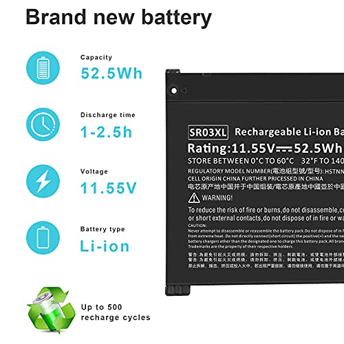 52Wh 11.55V SR03XL SR04XL TPN-Q194 Battery for Hp Pavilion 15-CX Envy X360 15-CN 15-CP 17-BW L08855-855 L08934-2C1 917678-2B1 L08934-1B1 L08934-2B1 HSTNN-IB8L HSTNN-DB8Q SR03052XL TPN-C133 TPN-C134 - size: 9.53*3.39*0.31inch