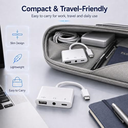 3-in-1 USB C Adapter for iPhone 15 16, USB C to USB-A OTG Adapter with 3.5mm Headphone Jack & PD Fast Charging Port, USB C Splitter for MacBook Pro Air, iPad Pro, Samsung Galaxy S23 S24
