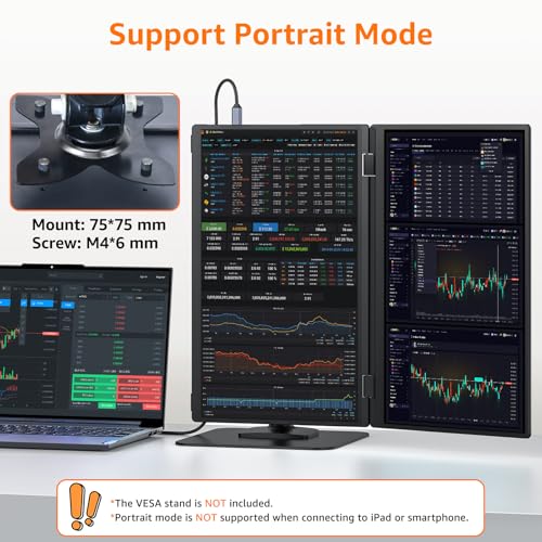 Upperizon Portable Monitor Foldable Dual Screen 15.6 inch FHD 107% sRGB IPS HDMI USB-C Travel Monitor for Laptop Mac PC Windows, DisplayLink Stacked Screen Extender with Kickstand, VESA Compatible - size: 15.6 inches