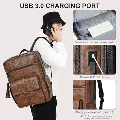 16 inch Vegan Leather Laptop Backpack with USB Charger | Smart Computer Backpack For Men and Women,Back Pocket Convert Luggage Sleeve,20L Large Capacity,Business Work Office College - color: Two-toned Brown