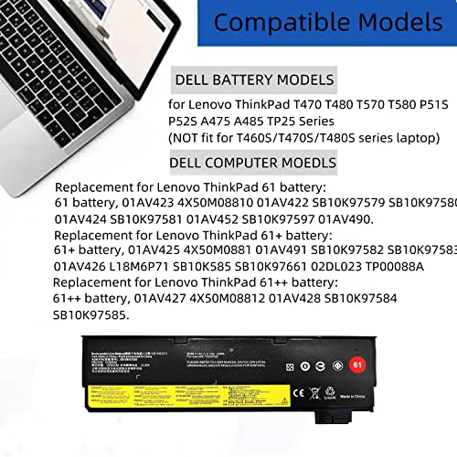 61+ 61 11.4V 24Wh 01AV423 01AV452 t470 T580 T570 P52S T470 Laptop Battery Replacement for Lenovo ThinkPad T470 T480 T570 T580 A475 A485 P51S P52S Series 4X50M08810 01AV422 SB10K97579 01AV424 01AV452 - size: 8.19 x2.56 x0.35 inches 01AV423 BATTERY