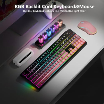 Wireless Keyboard and Mouse Combo, RGB Backlit Rechargeable 2000 mAh Battery, Wireless Computer Keyboards, Tri-Mode Bluetooth/2.4GHz/USB-C Custom Creamy Keyboard, RGB Backlit Media Knob (White-Pink) - color: Gradient pink