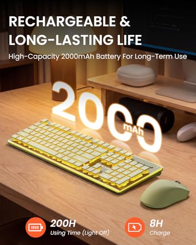 Wireless Keyboard and Mouse Combo with White Backlit Pudding Keycaps, Bluetooth & 2.4G, 2000mAh Rechargeable, Full Size, Metal Panel Quiet Computer Keyboard Set for Windows PC Desktop - Green - color: Upgraded Version - Green