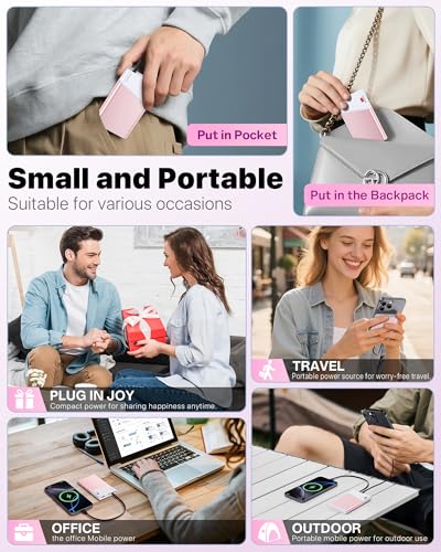 Aaoyun Portable Charger Power Bank, 10000mAh 22.5W PD Fast Charging Powerbank with Built-in USB C Cable, Slim External Phone Battery Pack for iPhone 17/16/15 Samsung S24 Android etc (Pink) - color: Pink-10000mah