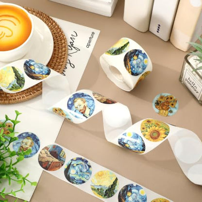 Whaline 500Pcs Van Gogh Art Stickers 8 Designs Oil Painting Sunflowers Starry Night Stickers Waterproof Self-Adhesive Decals for Water Bottle Laptop Scrapbooking, 1.5 Inch