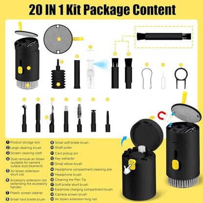 20-in-1 Laptop Phone Screen Earbud Cleaning Kit, Keyboard Cleaner Kit, Keyboard Cleaning Kit with Electronic Cleaning Brush Spray for Airpods Pro, iPad, iPhone Pro, Camera, Computer Cleaning - color: BLACK