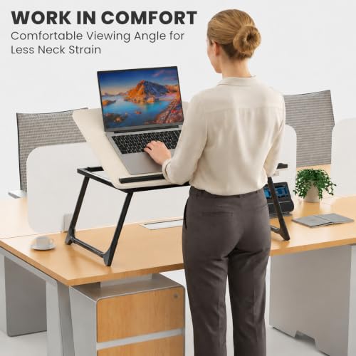 Laptop Bed Desk, 5-Angle Adjustable Bed Laptop Table with Cup Holder | Foldable Laptop Stand for Couch & Sofa, Portable Laptop Tray for Adults Writing Reading Eating, Beige - color: Beige