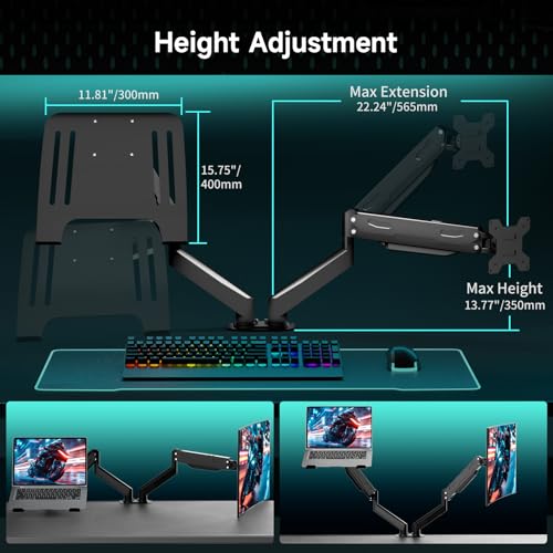 Pholiten Monitor and Laptop Mount for Max 32" Screen and 17" Notebook | Dual Monitor Mount Holds up to 22lbs Each, Laptop Tray Stand with Gas Spring Arm, VESA 75x75/100x100mm