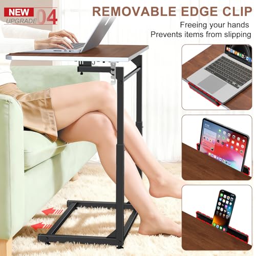 Tv Tray Table,Extra Large Dinner Food Tray Table,Couch & Bed Eating Desk,Heavy Duty Folding Laptop Side Table with 8Height&90° Tilt Adjustable,C-Shaped End Table with Phone/Tablet Slot Walnut - color: Walnut Wood Color, size: 1 Pack