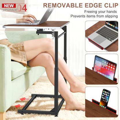 Tv Tray Table,Extra Large Dinner Food Tray Table,Couch & Bed Eating Desk,Heavy Duty Folding Laptop Side Table with 8Height&90° Tilt Adjustable,C-Shaped End Table with Phone/Tablet Slot Walnut - color: Walnut Wood Color, size: 1 Pack