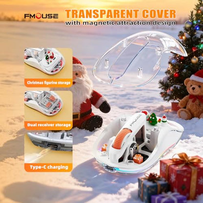 FMOUSE Transparent Wireless Mouse, Tri-Mode Bluetooth 5.1 & 2.4GHz, USB-A & USB-C Receiver, Silent Rechargeable RGB, 3 Devices for MacBook Laptop iPad PC, Pure White Edition — White - color: White - Christmas Special Edition