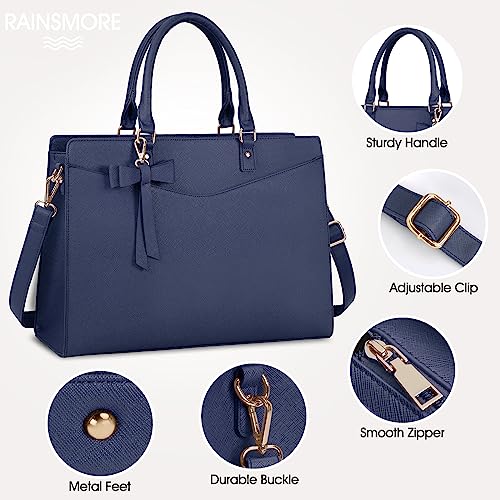RAINSMORE Laptop Bag for Women 15.6 Inch PU Tote Bag Business Office Work Bag Waterproof Briefcase Computer Tote Lightweight Handbag Shoulder, Blue - color: Blue