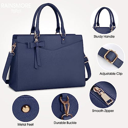 RAINSMORE Laptop Bag for Women 15.6 Inch PU Tote Bag Business Office Work Bag Waterproof Briefcase Computer Tote Lightweight Handbag Shoulder, Blue - color: Blue