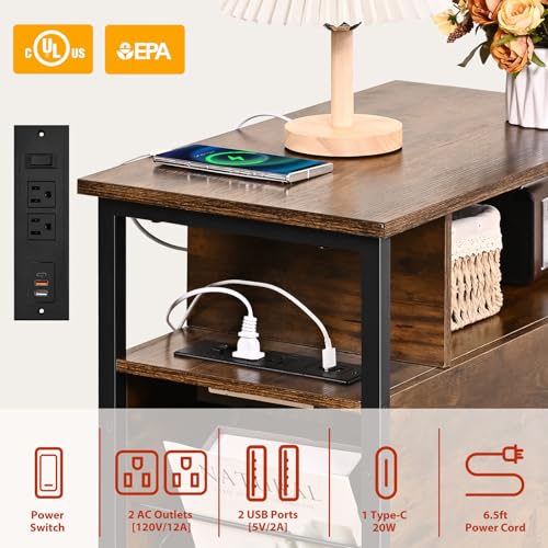 Side Tables with Charging Station, Narrow End Table with 2 Wooden Drawers, USB Ports and Power Outlets, Narrow Nightstand and Bedside Table, Side Tables Living Room, Bedroom, Brown - color: Brown