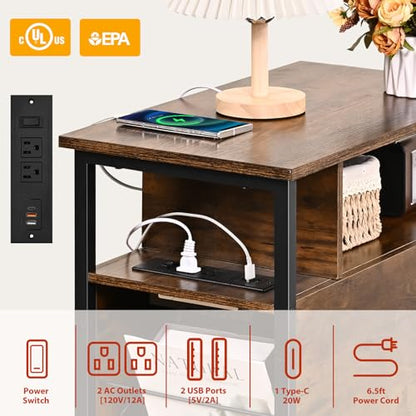 Side Tables with Charging Station, Narrow End Table with 2 Wooden Drawers, USB Ports and Power Outlets, Narrow Nightstand and Bedside Table, Side Tables Living Room, Bedroom, Brown - color: Brown