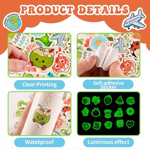 60 Pcs Funny Water Bottle Stickers for Kids Glow in The Dark | Cute Cartoon Laptop Decals, Waterproof Vinyl Sticker for Luggage Scrapbook Skateboard Phone Case DIY - color: Luminescent-492kscp