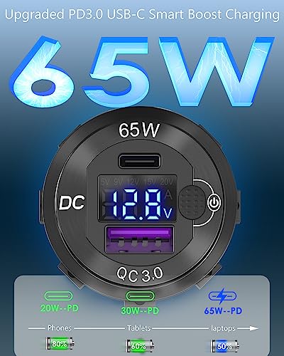 83W 12V USB Power Outlet, Qidoe Aluminum 65W PD Laptop Charger Socket and 18W QC3.0 Car USB Port with Digital Voltmeter Button Switch Smart Boosting 12V Outlet for Car RV Marine Boat Moto