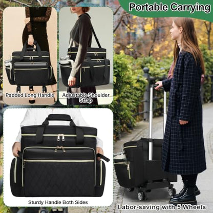 SIYNPAV 5-Wheeled Rolling Teacher Bag with Detachable Trolley, 15.6 Inch Laptop Sleeve & Accordion File Organizer, Large Capacity Teacher Tote with Cup Holder for School Office, Black