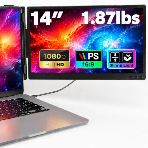 Laptop Screen Extender, 1.87lbs Ultra-Portable & Ultra Slim Portable Monitor, 14" FHD 1080P Dual External Monitor for 13"-17" Laptop, Plug & Play Travel Monitor Compatible with Wins/Mac/Chrome/Android