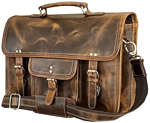 Leather Messenger Bag for Men - 16 Inch Laptop Briefcase, Office Satchel | Fits 16" Laptop & Documents, Top-handle, Removable Shoulder Strap, Brass Fittings, Luggage Sleeve, Organized Pockets - color: Brown