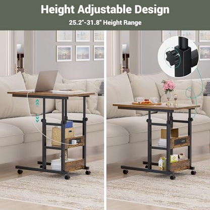 Height Adjustable End Table with Charging Station, Mobile C Shaped Laptop Side Table with Wheels, 3-Tier Sofa Couch Table with Storage Shelve for Living Room Bedroom, Rustic Brown - color: Rustic Brown