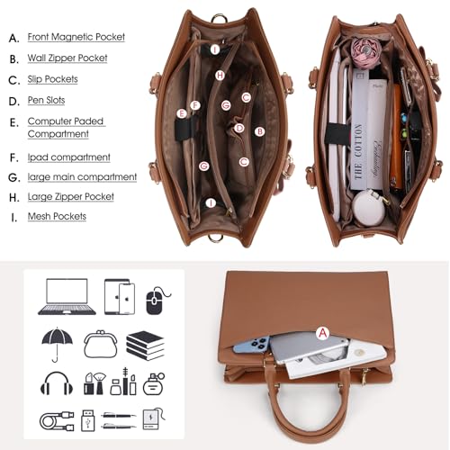 RAINSMORE Laptop Bag for Women 15.6 Inch PU Leather Laptop Tote Professional Business Office Work Bag Waterproof Briefcase Computer Tote Bag Large Lightweight Handbag Shoulder Bag - color: Dark Brown