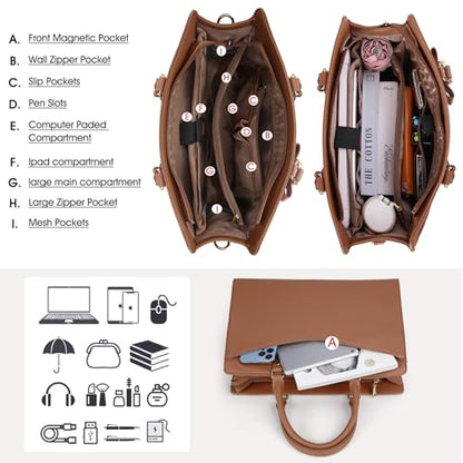 RAINSMORE Laptop Bag for Women 15.6 Inch PU Leather Laptop Tote Professional Business Office Work Bag Waterproof Briefcase Computer Tote Bag Large Lightweight Handbag Shoulder Bag - color: Dark Brown