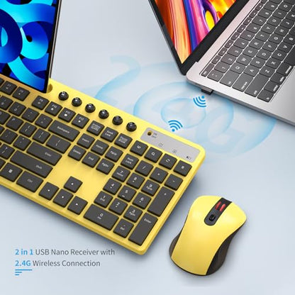 Wireless Keyboard and Mouse Combo, MARVO 2.4G Ergonomic Wireless Computer Keyboard with Phone Tablet Holder, Silent Mouse with 6 Button, Compatible with MacBook, Windows (Yellow) - color: Yellow