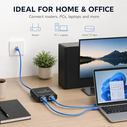 Ethernet Splitter 1 to 2 Mini Gigabit Internet Switch 1 in 2 Out LAN and RJ45 Port Splitter High Speed Network Adapter for 5/5e/6/7/8 with USB c Power Cable